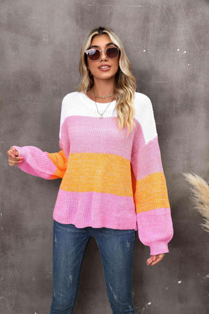 Interesting Warmth Striped Balloon Sleeve Sweater - MXSTUDIO.COM