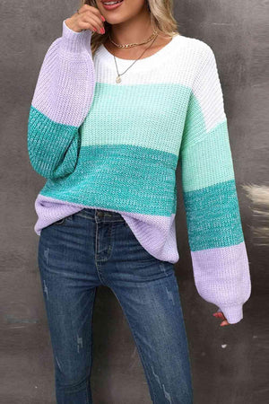 Interesting Warmth Striped Balloon Sleeve Sweater - MXSTUDIO.COM