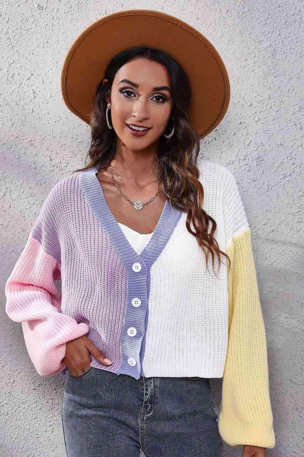 Jazzy Ribbed Knit Buttoned Color Block Cardigan - MXSTUDIO.COM