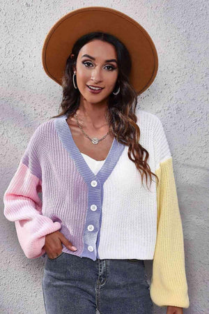 Jazzy Ribbed Knit Buttoned Color Block Cardigan - MXSTUDIO.COM