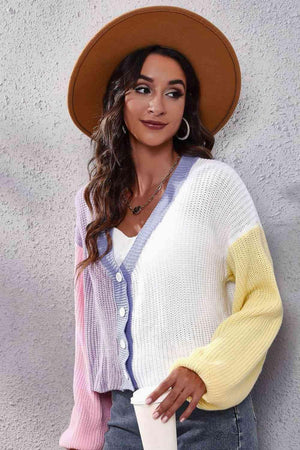 Jazzy Ribbed Knit Buttoned Color Block Cardigan - MXSTUDIO.COM