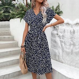 Jovial Printed Tie Waist Surplice Midi Dress - MXSTUDIO.COM