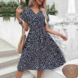 Jovial Printed Tie Waist Surplice Midi Dress - MXSTUDIO.COM