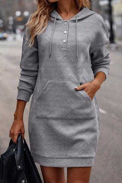 Kangaroo Pocket Hooded Long Sleeve Dress-MXSTUDIO.COM