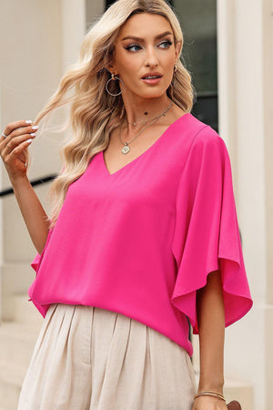 Keep Your Eyes On Me Cloak Sleeve V Neck Blouse - MXSTUDIO.COM