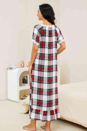 Lace Trim Ruffle Hem Plaid Nightgown - MXSTUDIO.COM