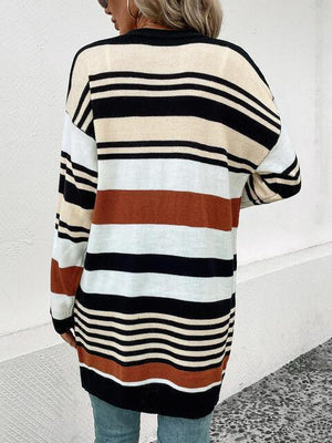Laid-Back Autumn Open Front Long Striped Cardigan-MXSTUDIO.COM
