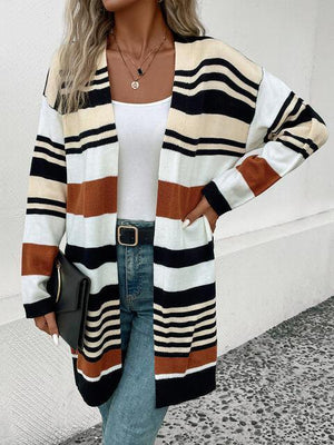 Laid-Back Autumn Open Front Long Striped Cardigan-MXSTUDIO.COM