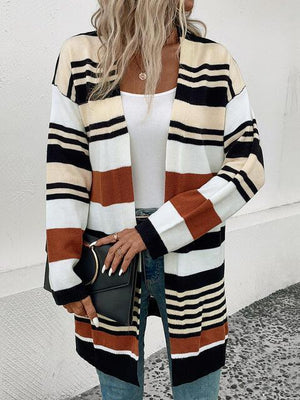 Laid-Back Autumn Open Front Long Striped Cardigan-MXSTUDIO.COM