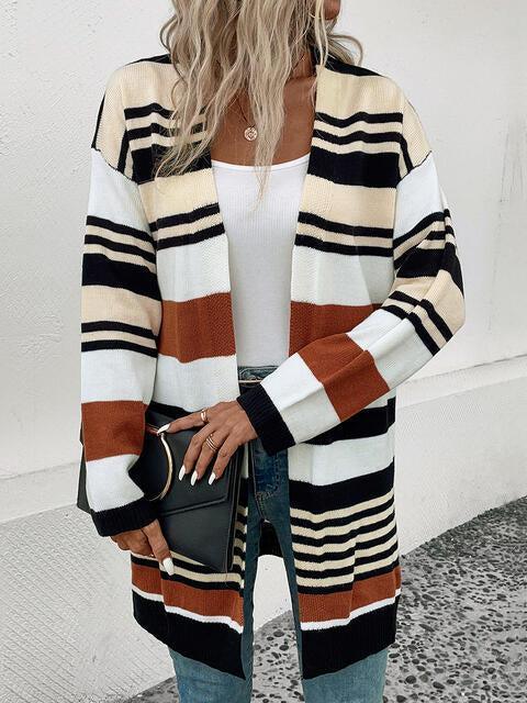 Laid-Back Autumn Open Front Long Striped Cardigan-MXSTUDIO.COM