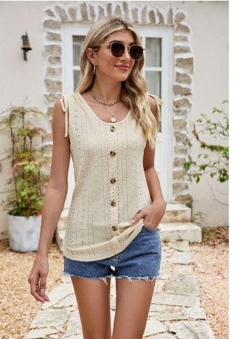 Laid-Back Vibe Button Detail Eyelet Tank Top - MXSTUDIO.COM