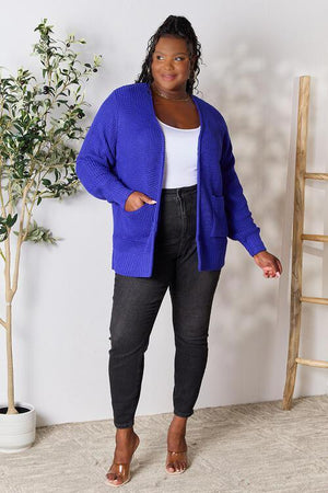 Laid-Back Vibe Waffle-Knit Open Front Blue Cardigan-MXSTUDIO.COM