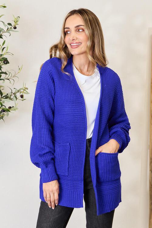 Laid-Back Vibe Waffle-Knit Open Front Blue Cardigan-MXSTUDIO.COM