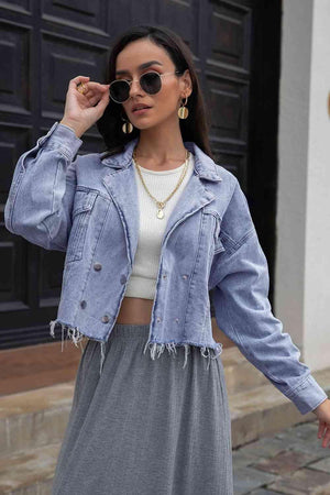 Lapel Collar Raw Hem Cropped Denim Jacket - MXSTUDIO.COM