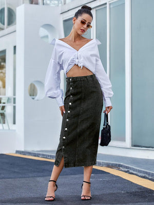 Lasting Trend Button Down Denim Midi Skirt - MXSTUDIO.COM