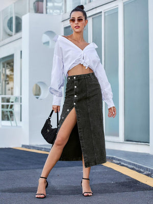 Lasting Trend Button Down Denim Midi Skirt - MXSTUDIO.COM