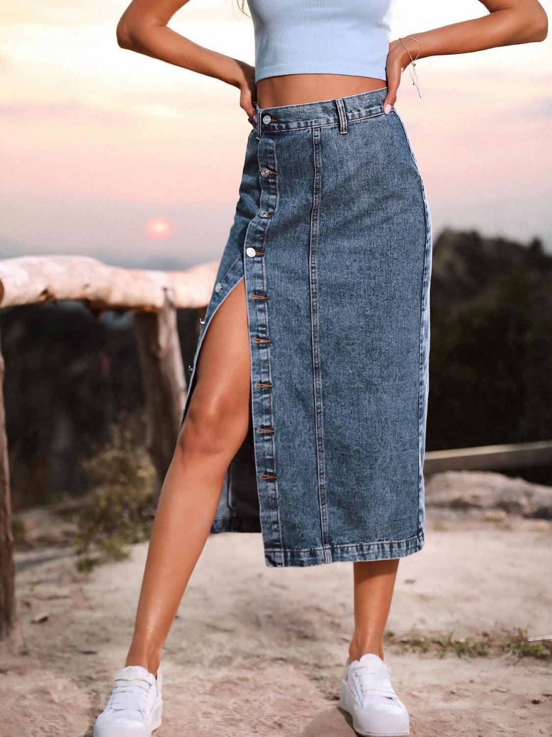 Lasting Trend Button Down Denim Midi Skirt - MXSTUDIO.COM