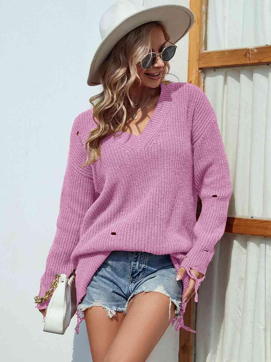Latest Autumn Style V-Neck Distressed Sweater - MXSTUDIO.COM