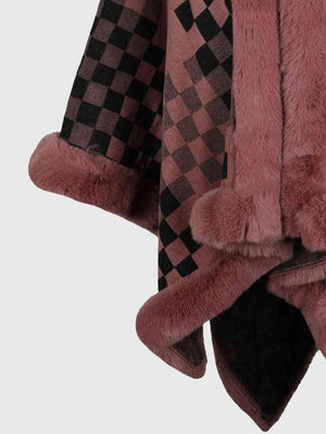 Lavish Winter Checkered Faux Fur Trim Poncho - MXSTUDIO.COM