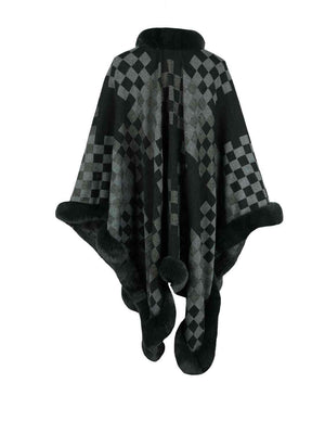 Lavish Winter Checkered Faux Fur Trim Poncho - MXSTUDIO.COM