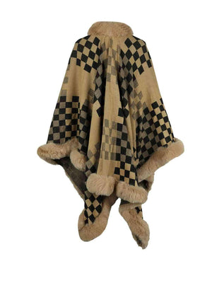 Lavish Winter Checkered Faux Fur Trim Poncho - MXSTUDIO.COM