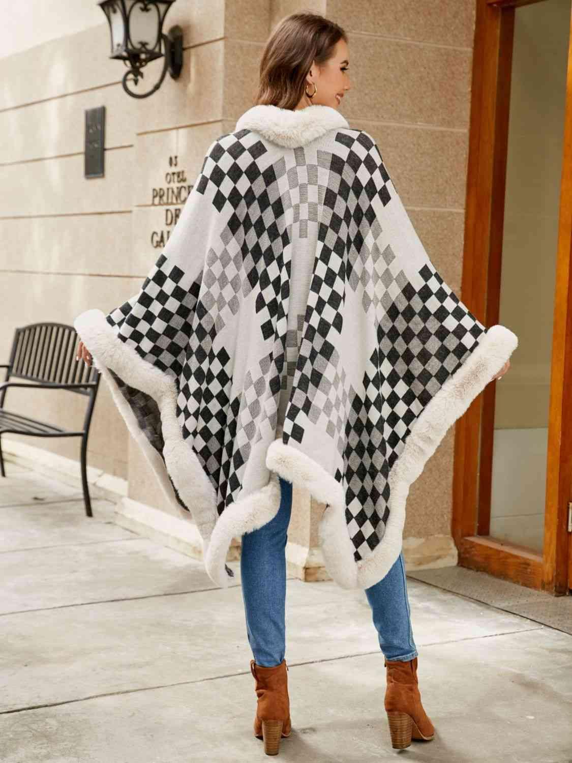 Lavish Winter Checkered Faux Fur Trim Poncho - MXSTUDIO.COM