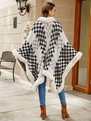 Lavish Winter Checkered Faux Fur Trim Poncho - MXSTUDIO.COM