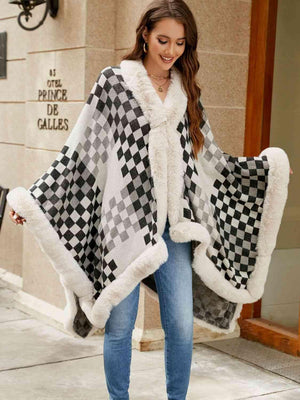 Lavish Winter Checkered Faux Fur Trim Poncho - MXSTUDIO.COM