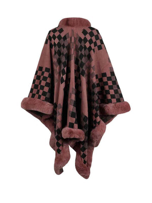 Lavish Winter Checkered Faux Fur Trim Poncho - MXSTUDIO.COM