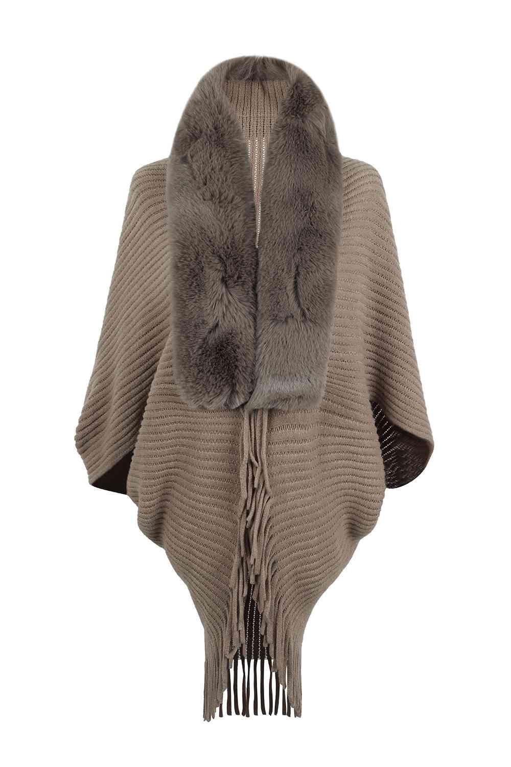 Lavish Winter Fringe Faux Fur Trim Poncho-MXSTUDIO.COM