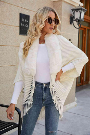 Lavish Winter Fringe Faux Fur Trim Poncho-MXSTUDIO.COM