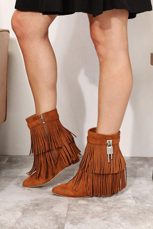 Legend Women's Tassel Ochre Wedge Heel Ankle Booties - MXSTUDIO.COM