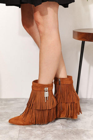 Legend Women's Tassel Ochre Wedge Heel Ankle Booties - MXSTUDIO.COM