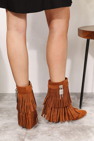 Legend Women's Tassel Ochre Wedge Heel Ankle Booties - MXSTUDIO.COM