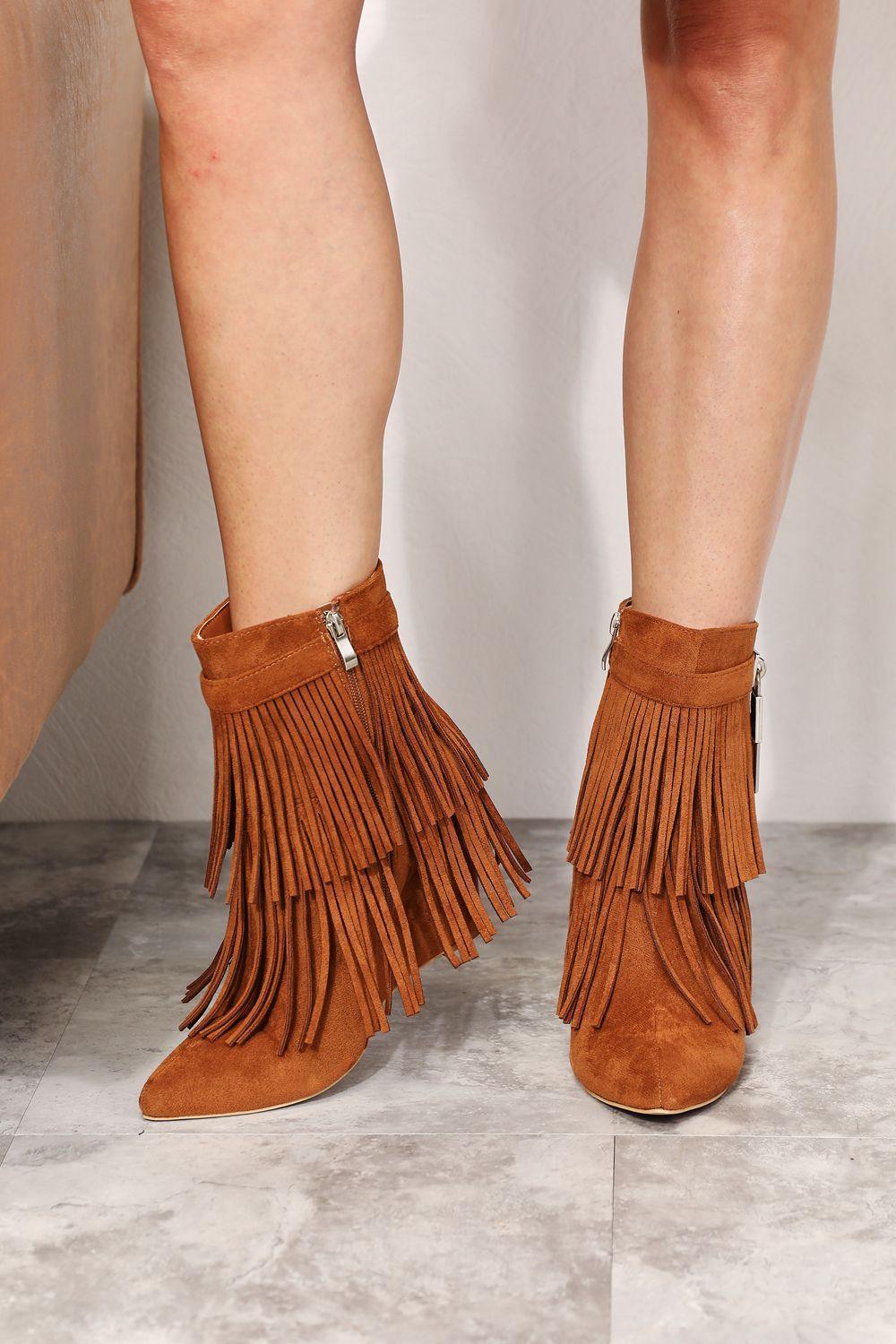 Legend Women's Tassel Ochre Wedge Heel Ankle Booties - MXSTUDIO.COM