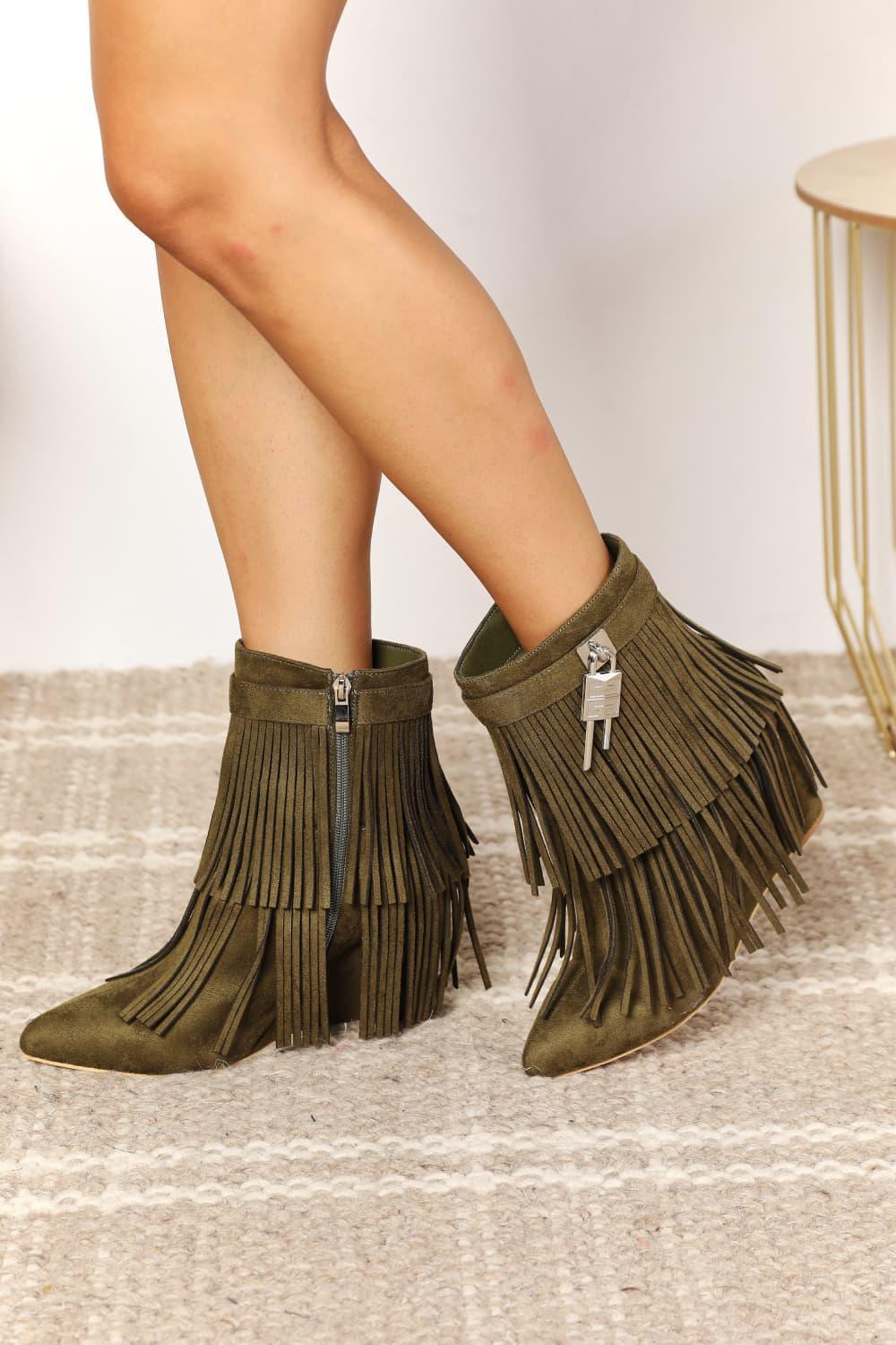 Legend Women's Tassel Olive Wedge Heel Ankle Booties - MXSTUDIO.COM