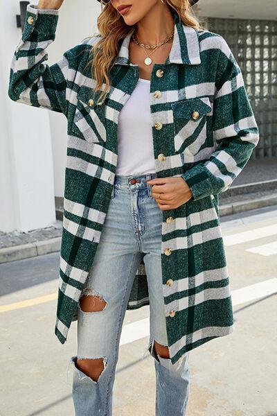 a woman wearing a green and white checkered coat