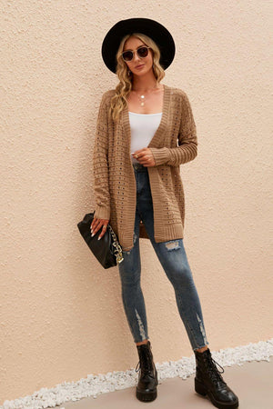 Leisurely Openwork Horizontal Ribbing Open Front Cardigan - MXSTUDIO.COM