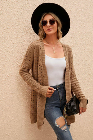 Leisurely Openwork Horizontal Ribbing Open Front Cardigan - MXSTUDIO.COM