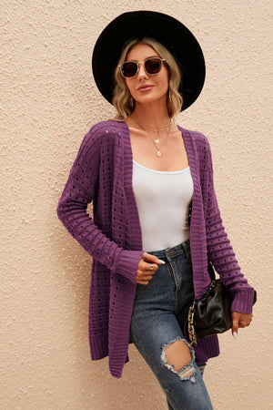 Leisurely Openwork Horizontal Ribbing Open Front Cardigan - MXSTUDIO.COM