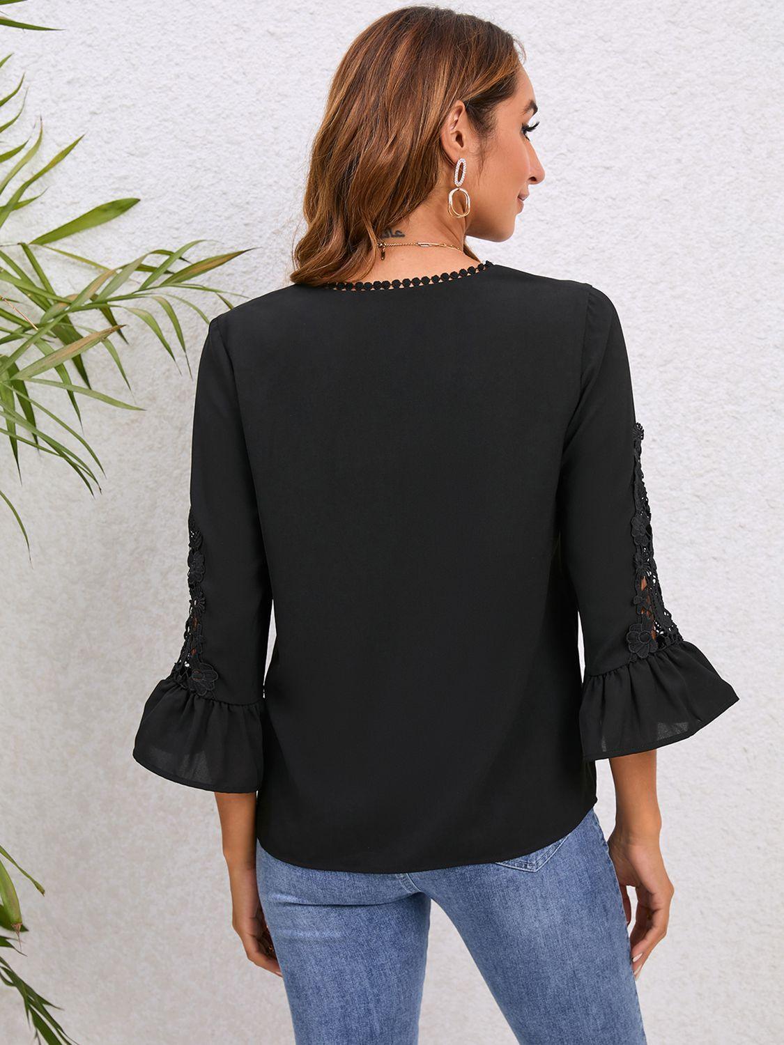 Leisurely V-Neck Flounce Sleeve Black Lace Blouse - MXSTUDIO.COM