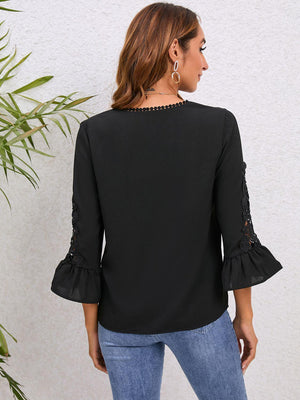 Leisurely V-Neck Flounce Sleeve Black Lace Blouse - MXSTUDIO.COM