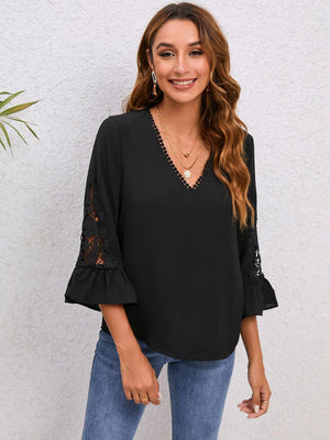 Leisurely V-Neck Flounce Sleeve Black Lace Blouse - MXSTUDIO.COM