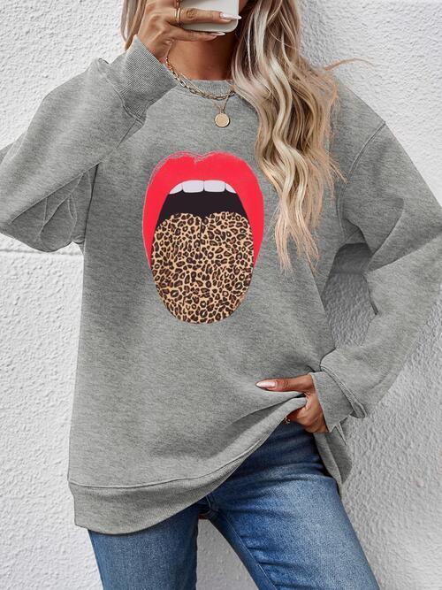 Leopard Lip Graphic Women Long Sleeve Sweatshirt-MXSTUDIO.COM