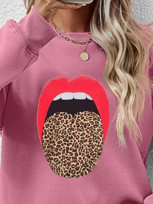 Leopard Lip Graphic Women Long Sleeve Sweatshirt-MXSTUDIO.COM