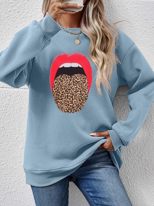 Leopard Lip Graphic Women Long Sleeve Sweatshirt-MXSTUDIO.COM