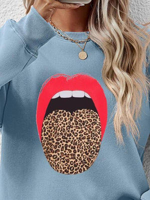 Leopard Lip Graphic Women Long Sleeve Sweatshirt-MXSTUDIO.COM