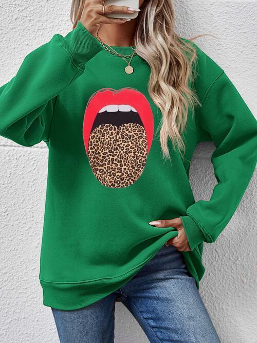 Leopard Lip Graphic Women Long Sleeve Sweatshirt-MXSTUDIO.COM