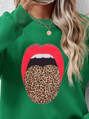 Leopard Lip Graphic Women Long Sleeve Sweatshirt-MXSTUDIO.COM