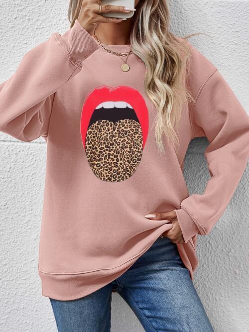 Leopard Lip Graphic Women Long Sleeve Sweatshirt-MXSTUDIO.COM